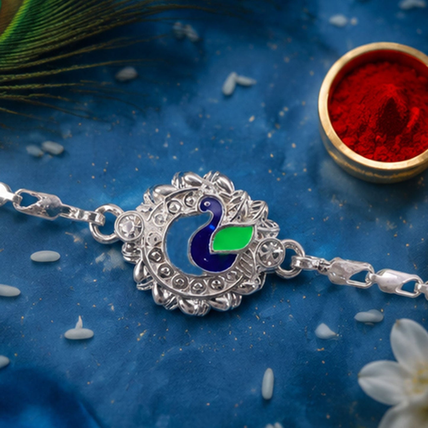 Peacock Design Meenakari Stone-Studded Chain Rakhi for Brother