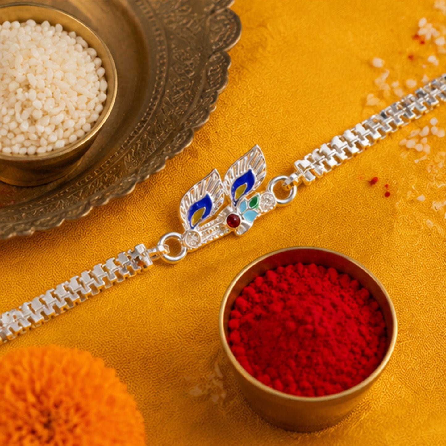 Twin Leaf Peacock Meenakari Enamel Chain Rakhi for Brother