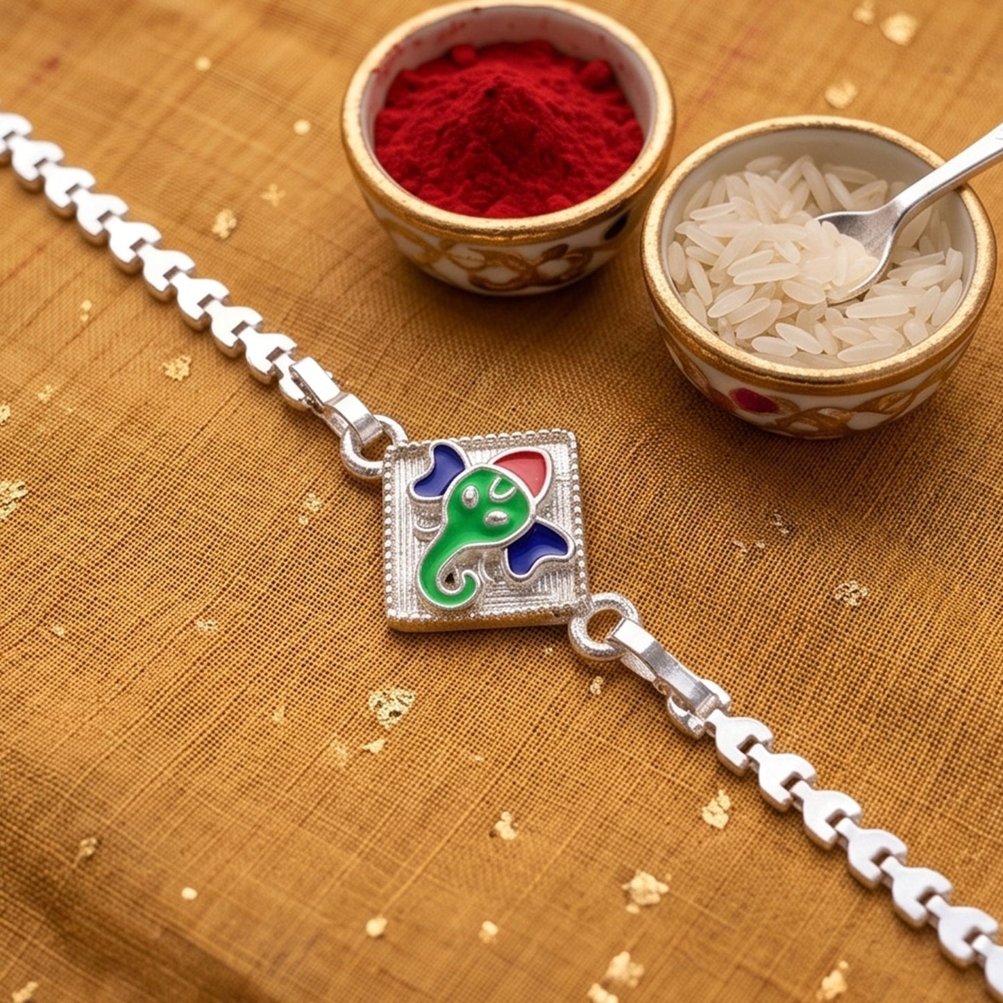 Lord Ganesha Square Meenakari Enamel Chain Rakhi for Brother