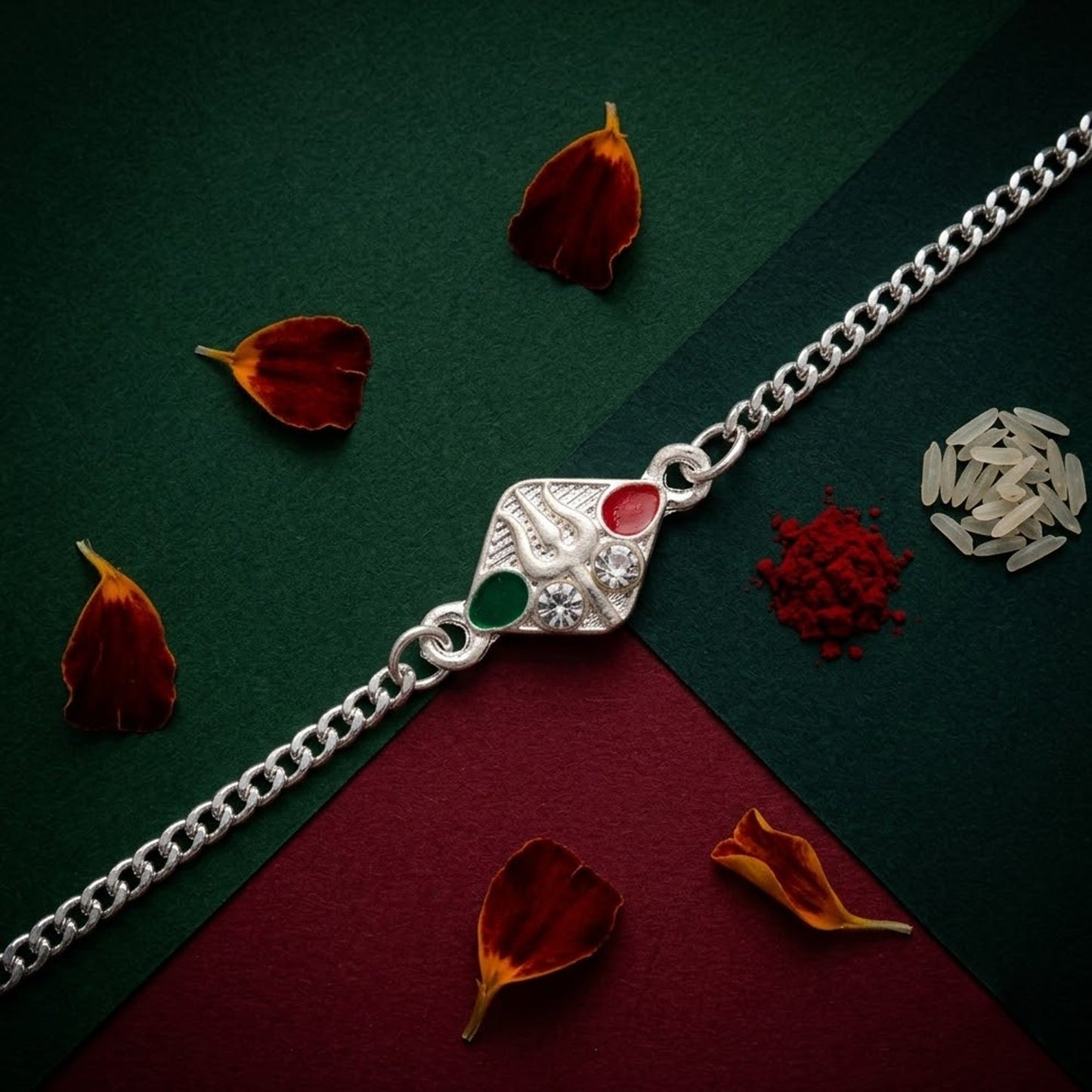Trishul Motif Meenakari Stone-Studded Chain Rakhi for Brother