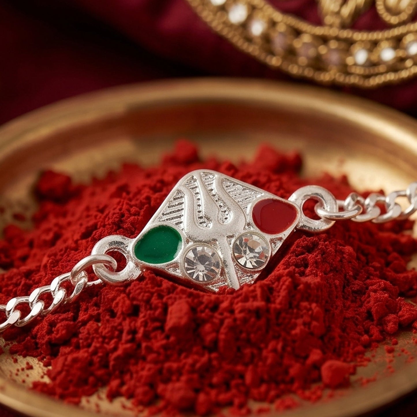 Trishul Motif Meenakari Stone-Studded Chain Rakhi for Brother