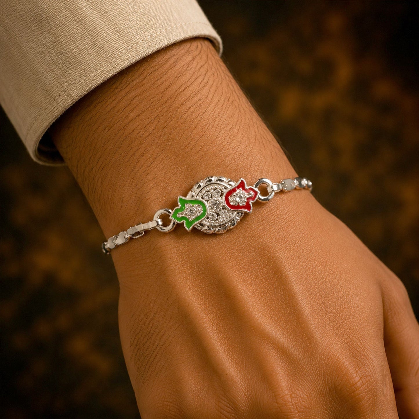 Round Leaf Meenakari Stone Studded Designer Chain Rakhi for Brother
