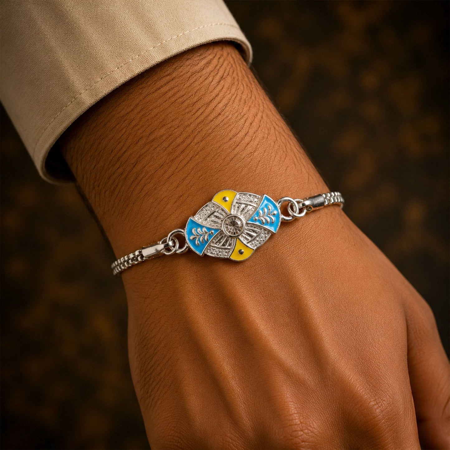 Oval Floral Meenakari Stone-Studded Designer Chain Rakhi for Brother