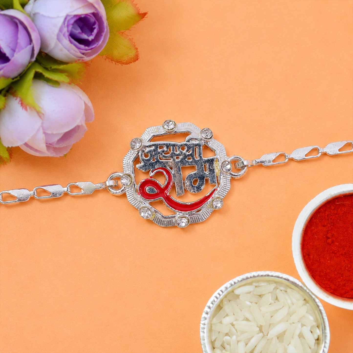 Jai Shree Ram Text Stone-Studded Chain Rakhi for Brother