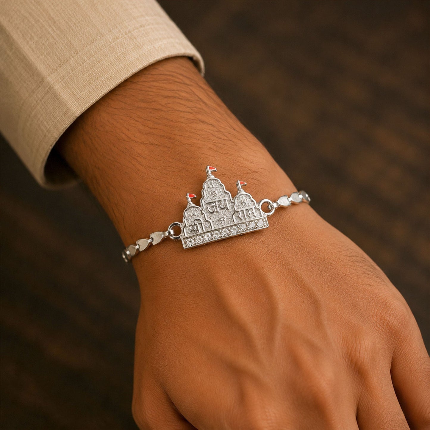 Shree Ram Mandir Temple Design Stone-Studded Chain Rakhi for Brother