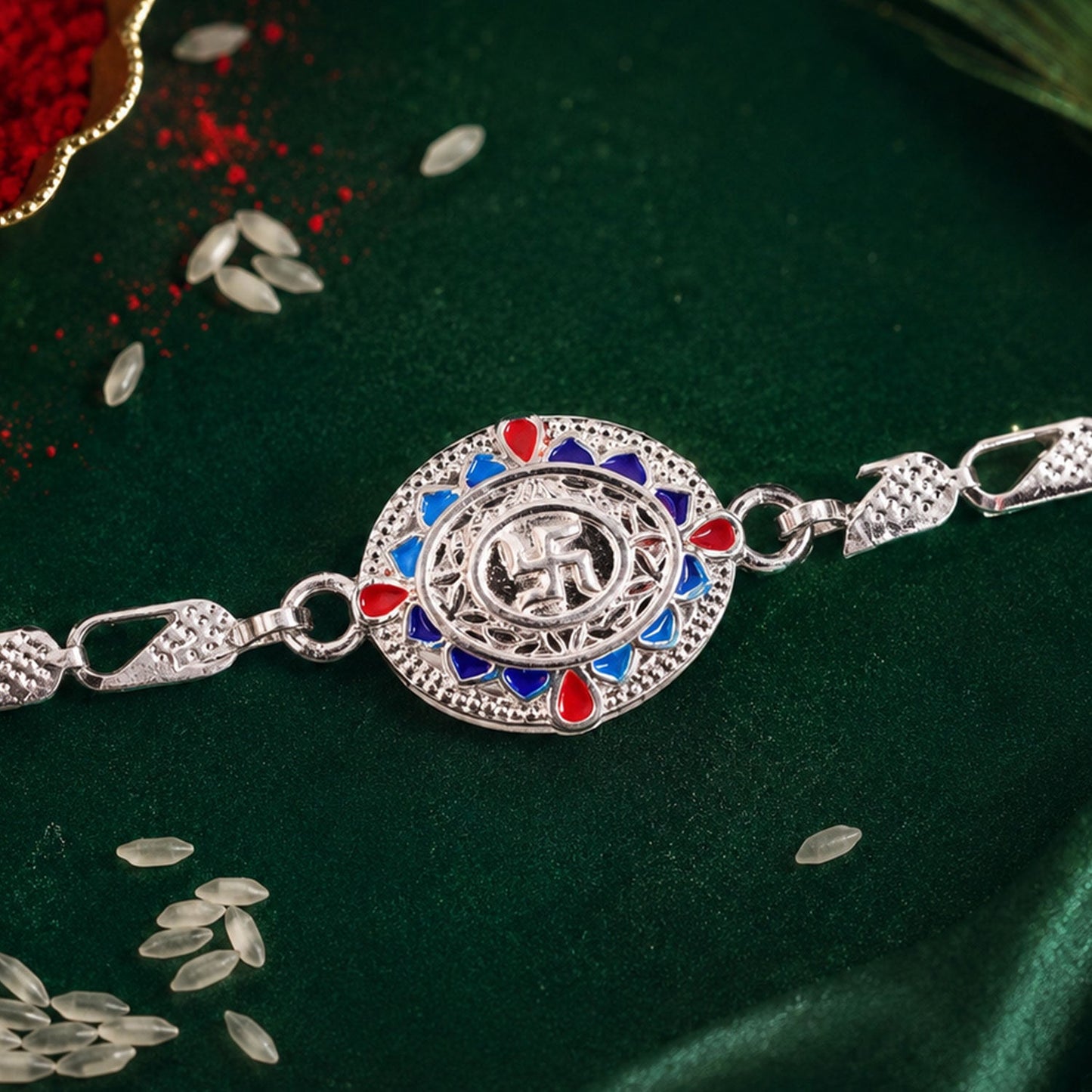 Divine Swastik Round Meenakari Stone-Studded Chain Rakhi for Brother