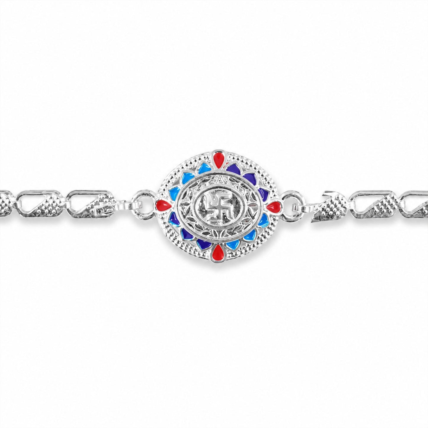 Divine Swastik Round Meenakari Stone-Studded Chain Rakhi for Brother