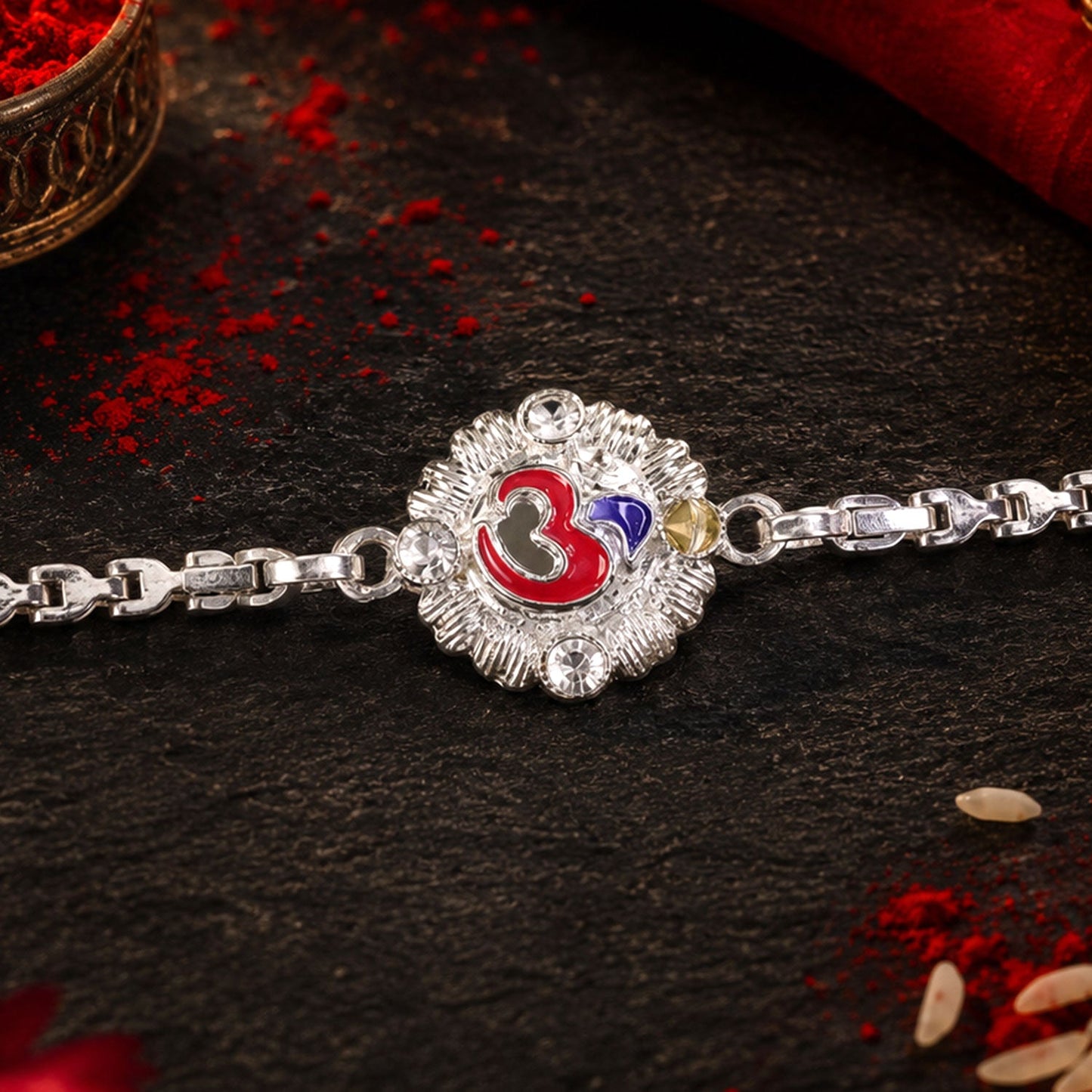 Divine Om Round Meenakari Stone-Studded Designer Chain Rakhi for Brother