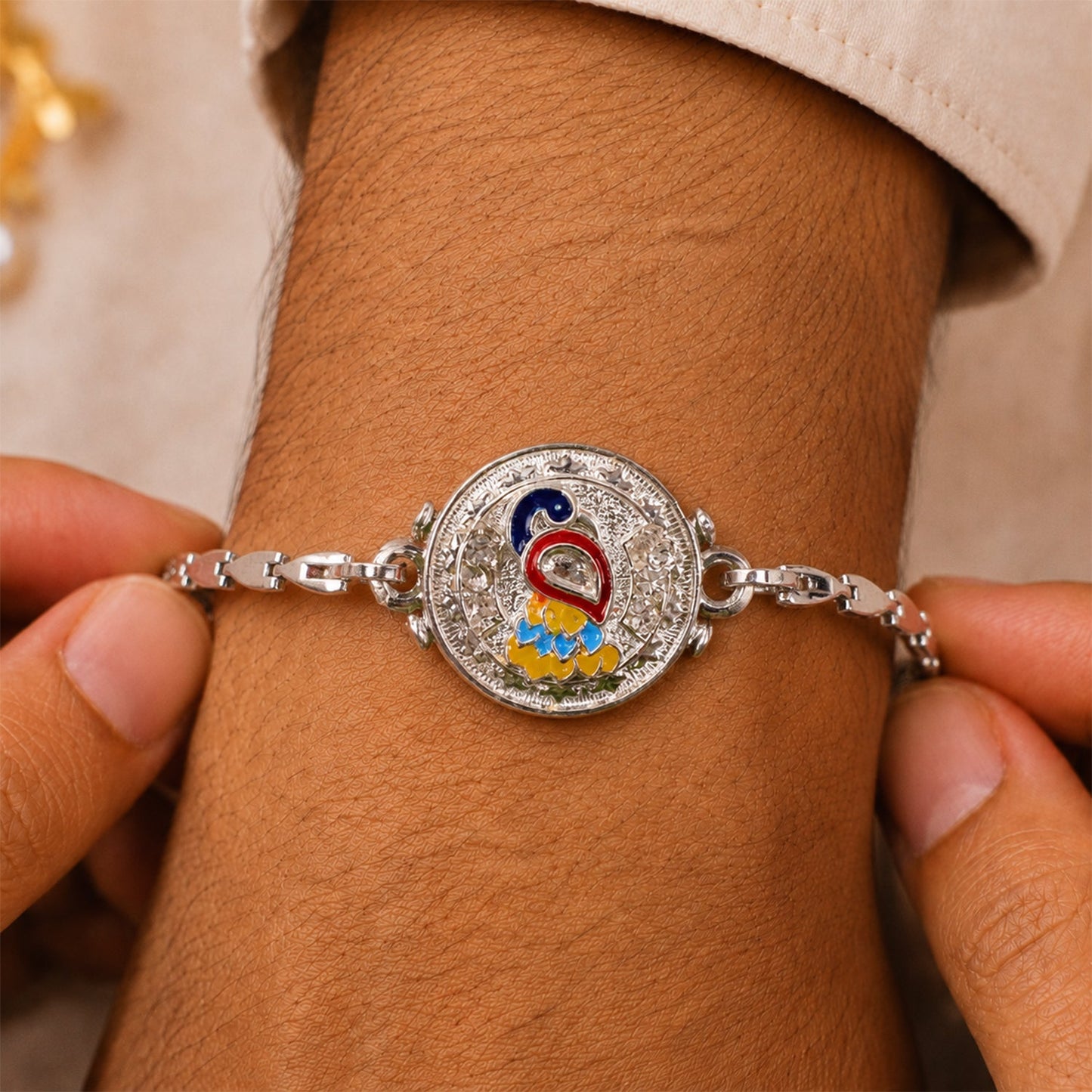 Peacock Meenakari Stone-Studded Designer Chain Rakhi for Brother