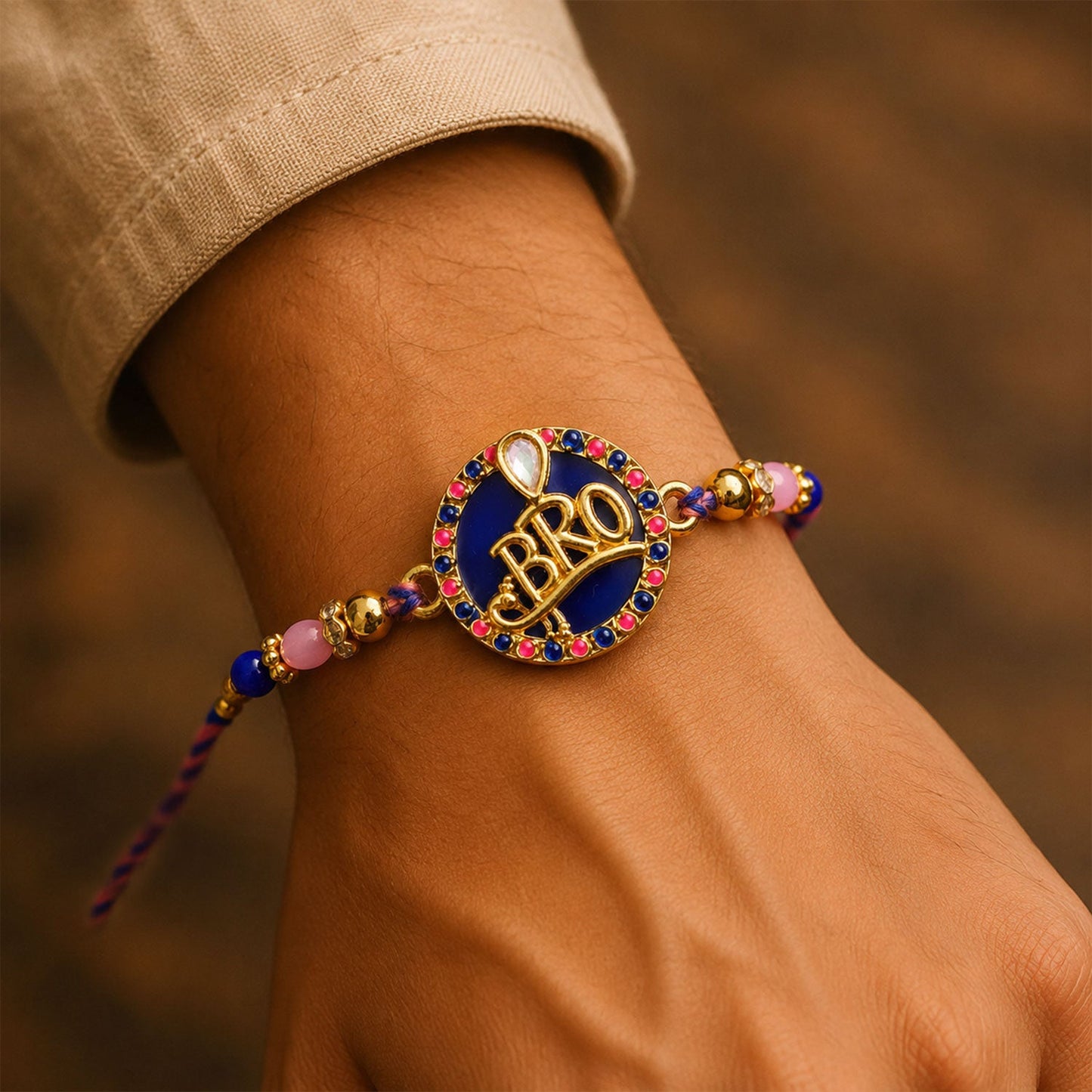 Bro Text Round Stone Studded Premium Designer Rakhi for Brother