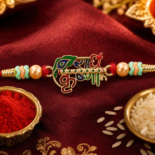 Radha Krishna Text Decorative Premium Beaded Designer Rakhi for Brother