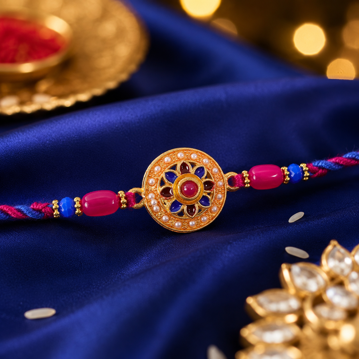 Round Floral Stone Studded Premium Designer Rakhi for Brother
