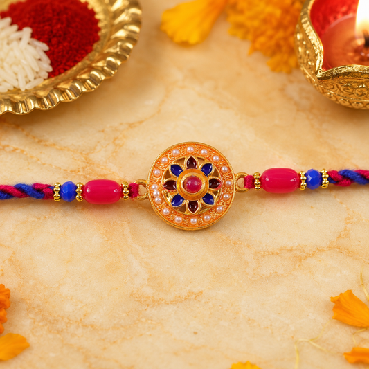 Round Floral Stone Studded Premium Designer Rakhi for Brother