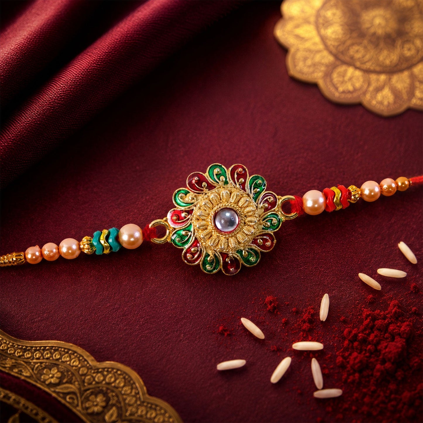 Round Floral Pearl Stone Traditional Designer Rakhi for Brother