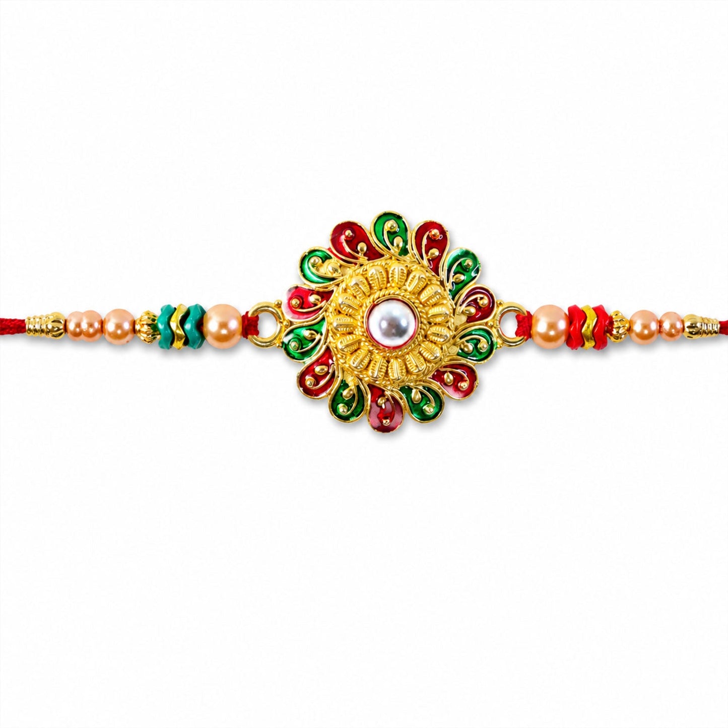 Round Floral Pearl Stone Traditional Designer Rakhi for Brother