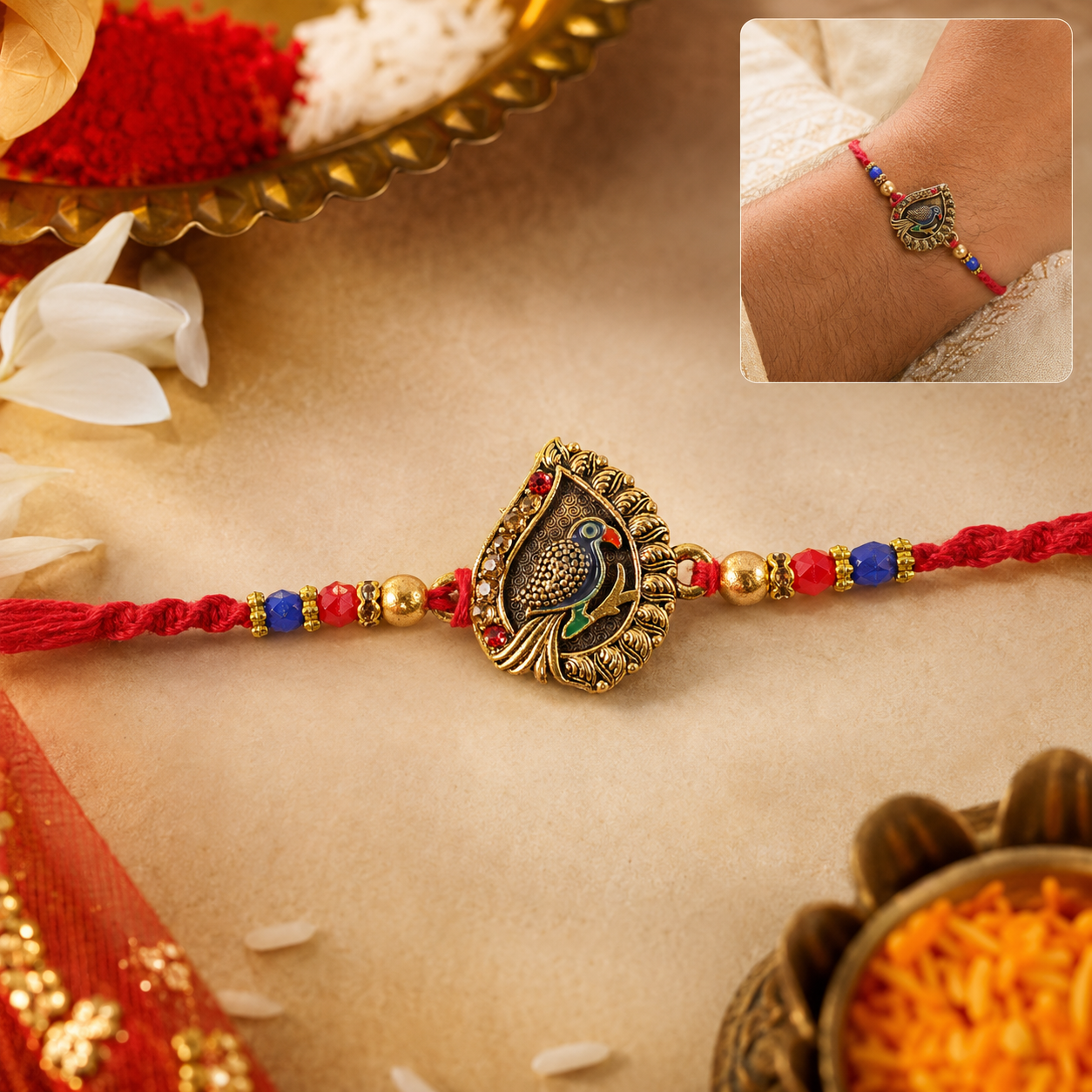 Peacock Paisley Motif Premium Beaded Designer Rakhi for Brother
