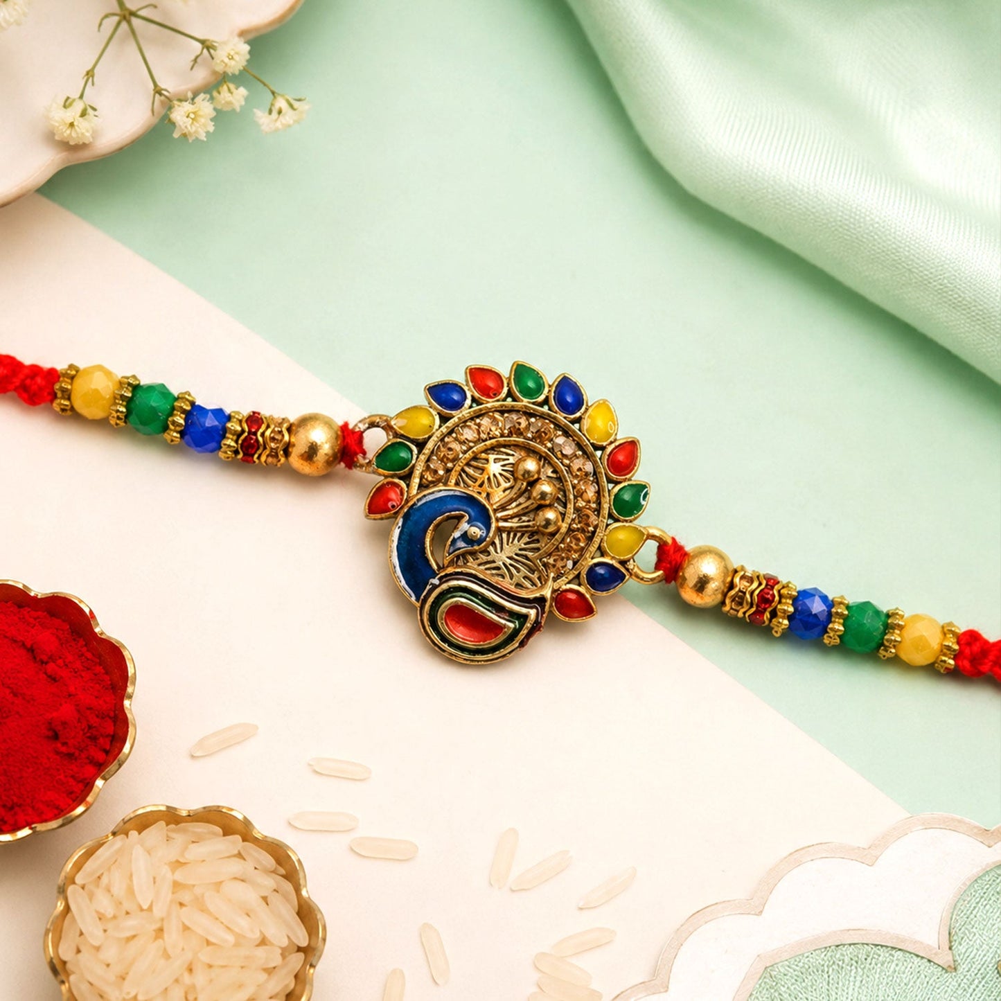 Traditional Peacock Stone Studded Designer Rakhi For Brother