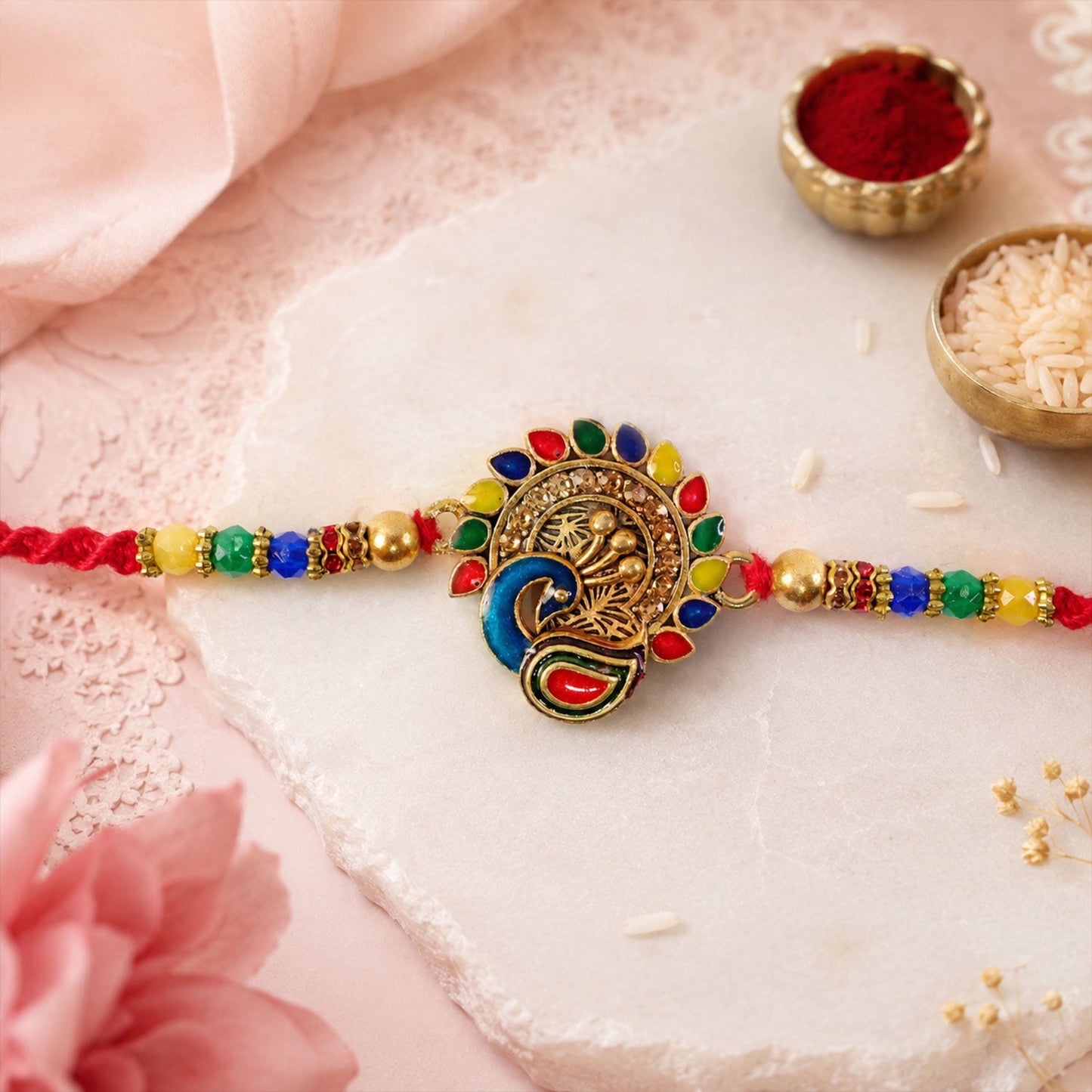 Traditional Peacock Stone Studded Designer Rakhi For Brother