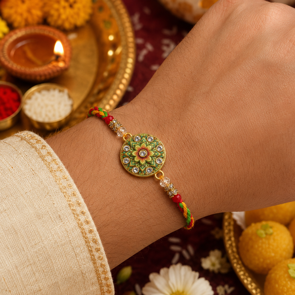 Round Floral Stone Studded Premium Designer Rakhi for Brother