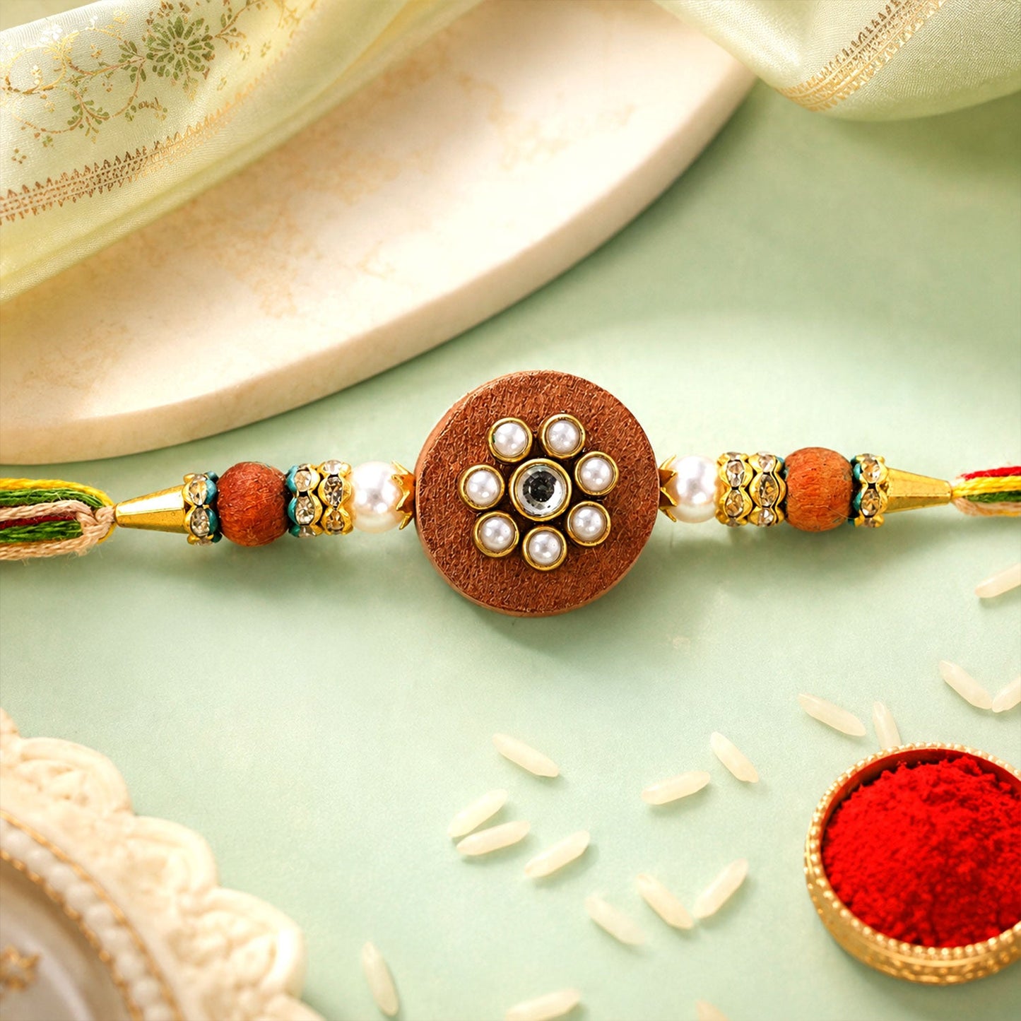 Round Floral Stone Traditional Designer Rakhi for Brother
