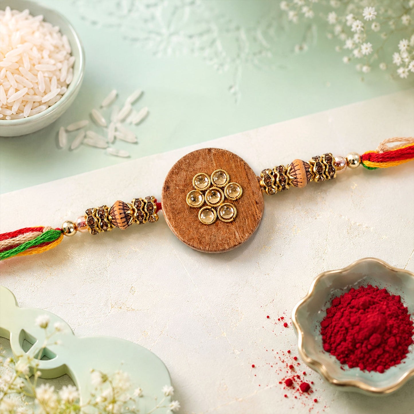 Stylish Round Floral Stone Traditional Designer Rakhi for Brother