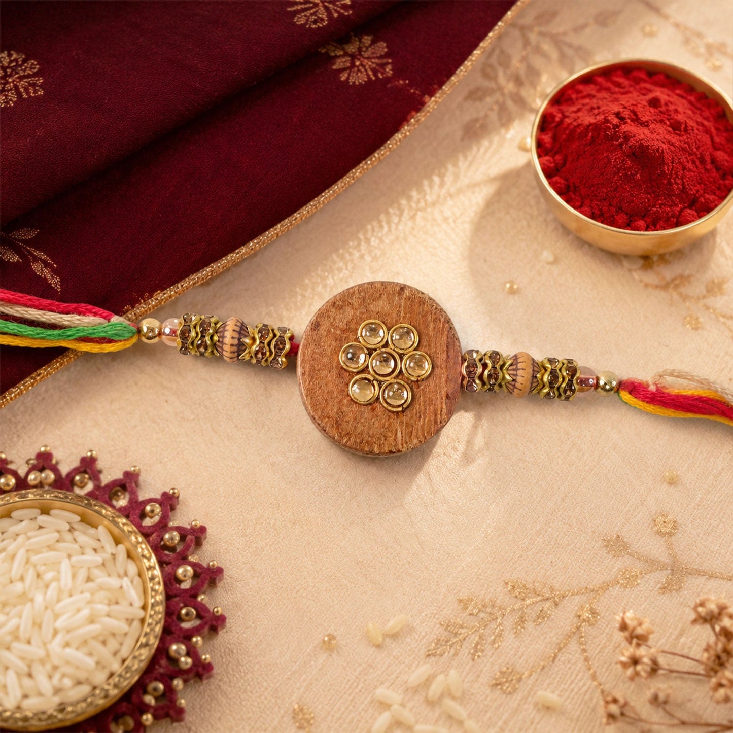 Stylish Round Floral Stone Traditional Designer Rakhi for Brother