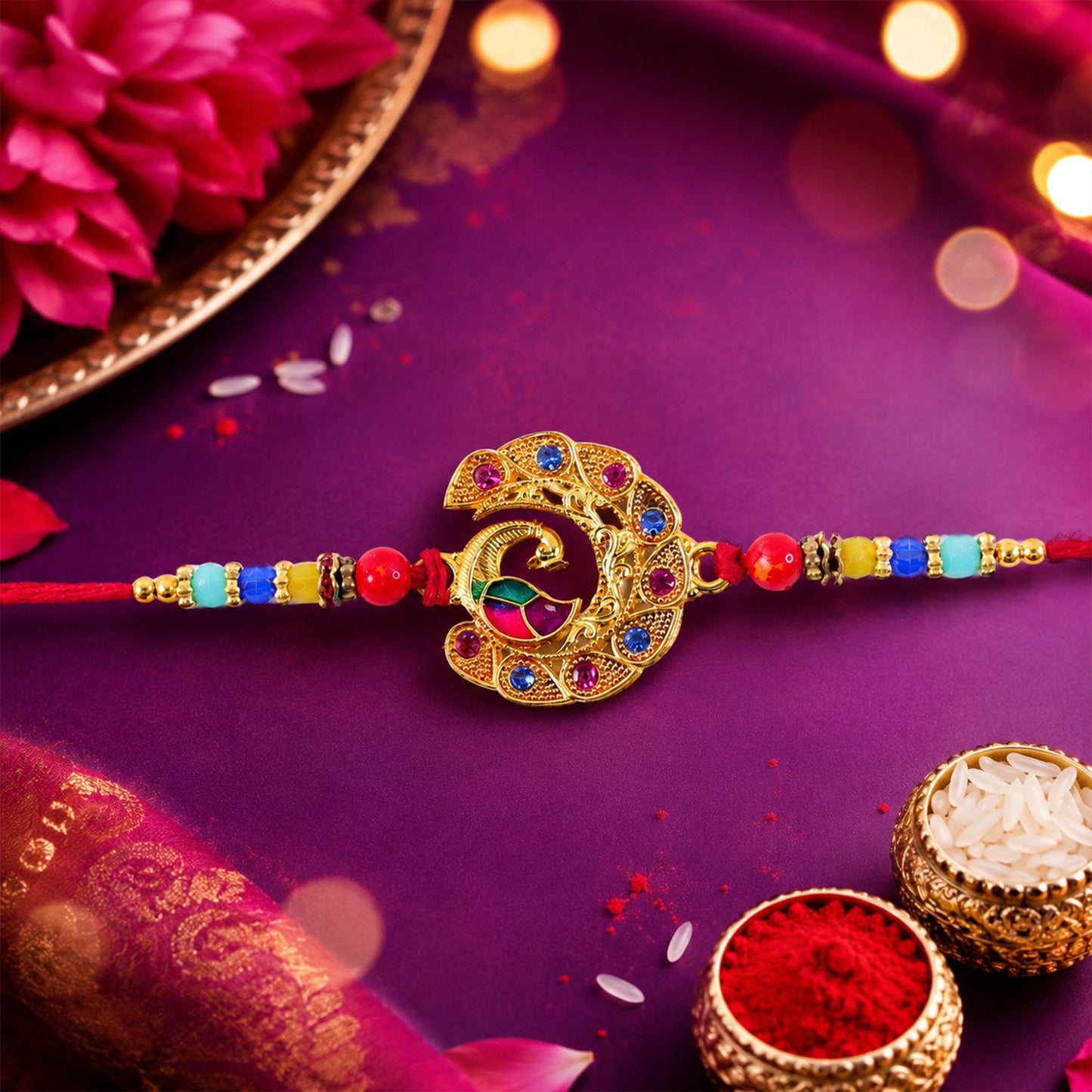 Peacock Motif Stone Studded Designer Rakhi for Brother