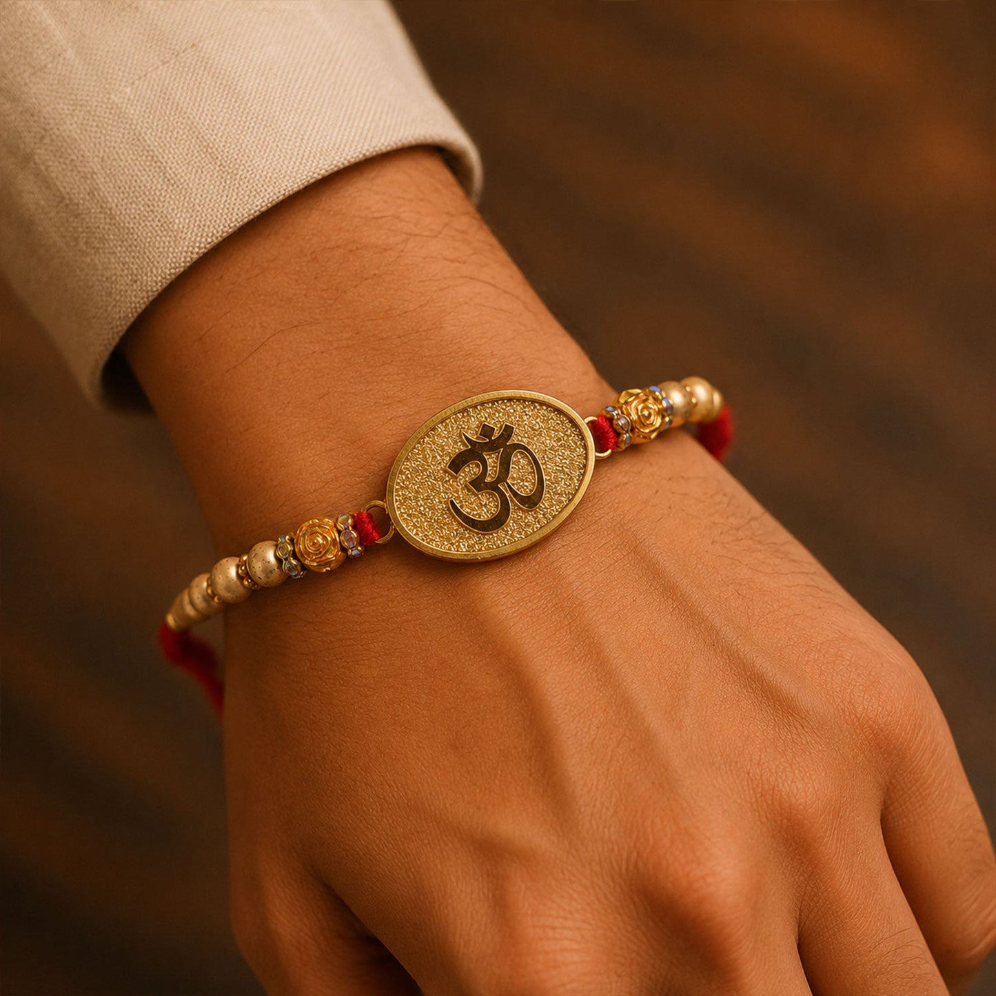 Om Symbol Wooden Beaded Designer Premium Traditional Rakhi for Brother