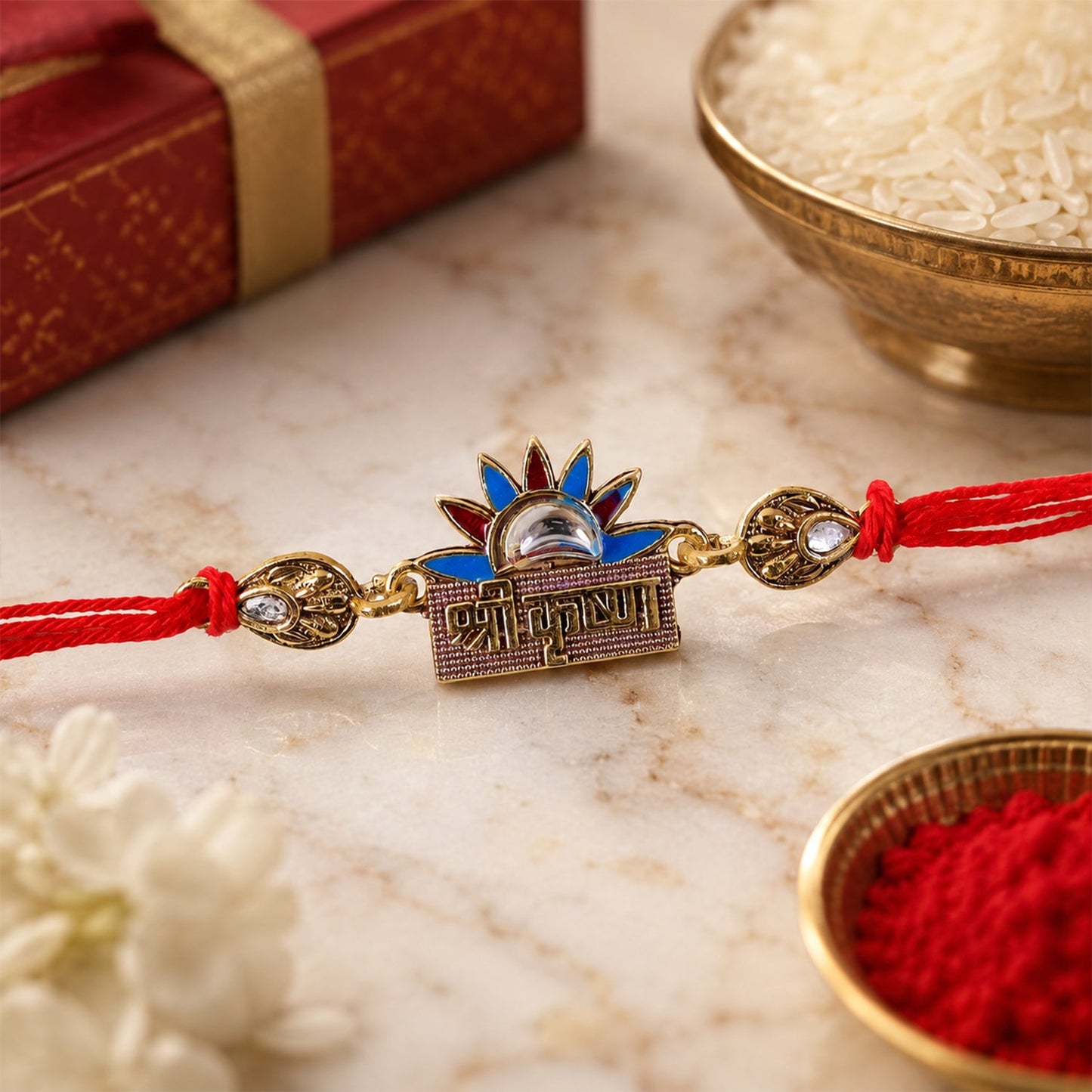 Shree Krishna Text Crown Motif Premium Designer Beaded Rakhi for Brother