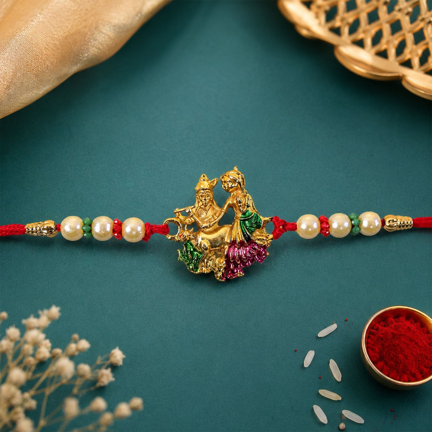 Religious Radha Krishna Motif Rakhi with Beadwork Rakhi for Brother