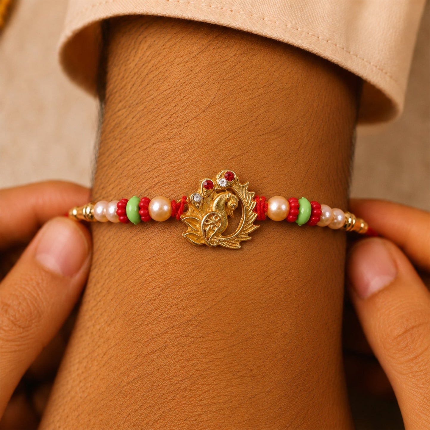 Elegant Peacock Design Rakhi with Pearl Beadwork Rakhi for Brother