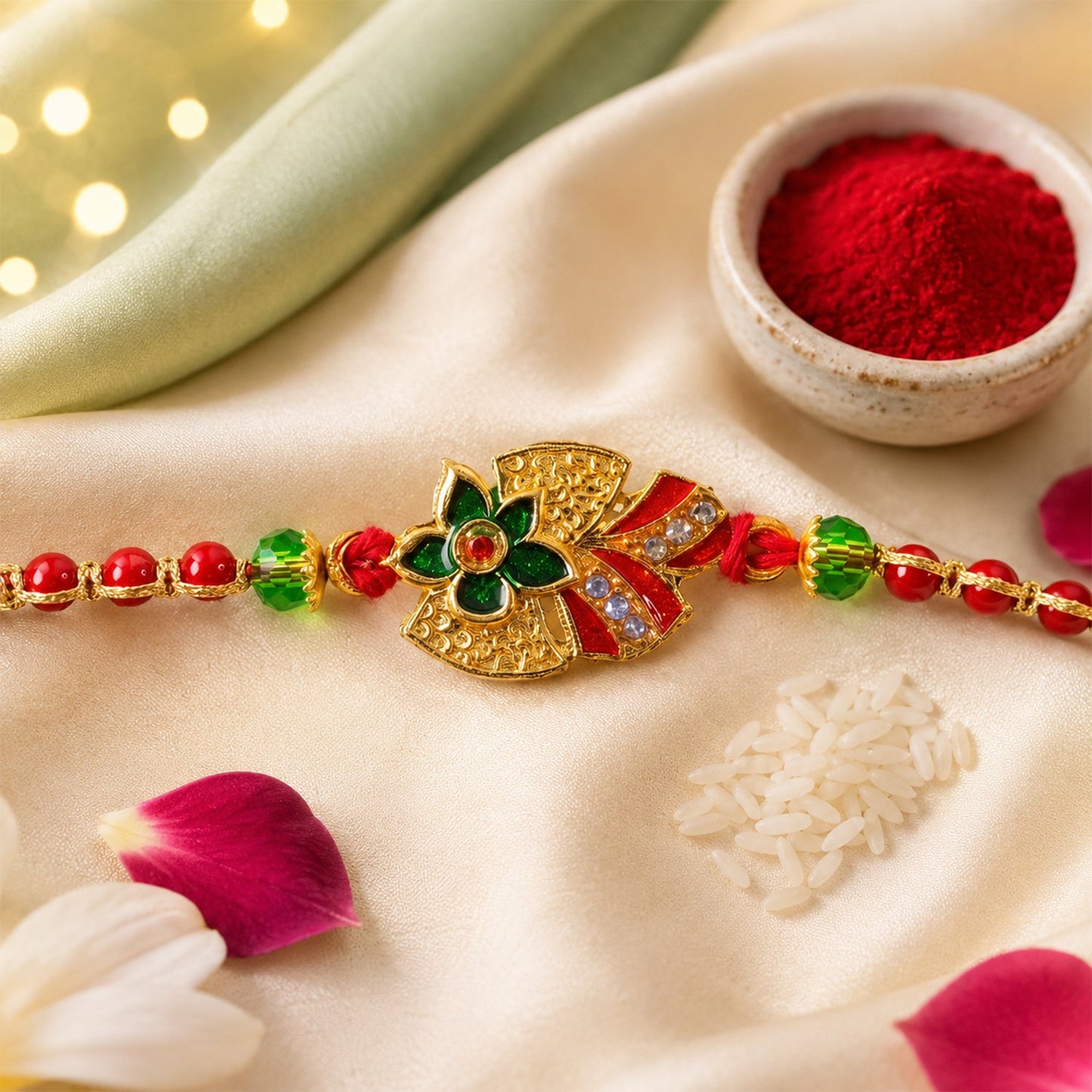 Floral Leaf Motif Beaded Premium Designer Traditional Rakhi for Brother