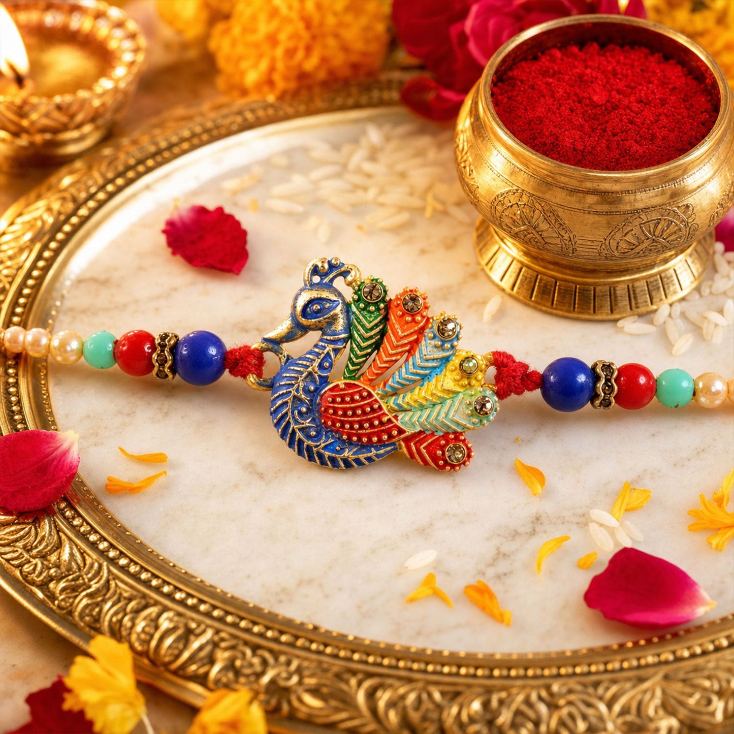 Peacock Motif Beaded Designer Premium Traditional Rakhi for Brother