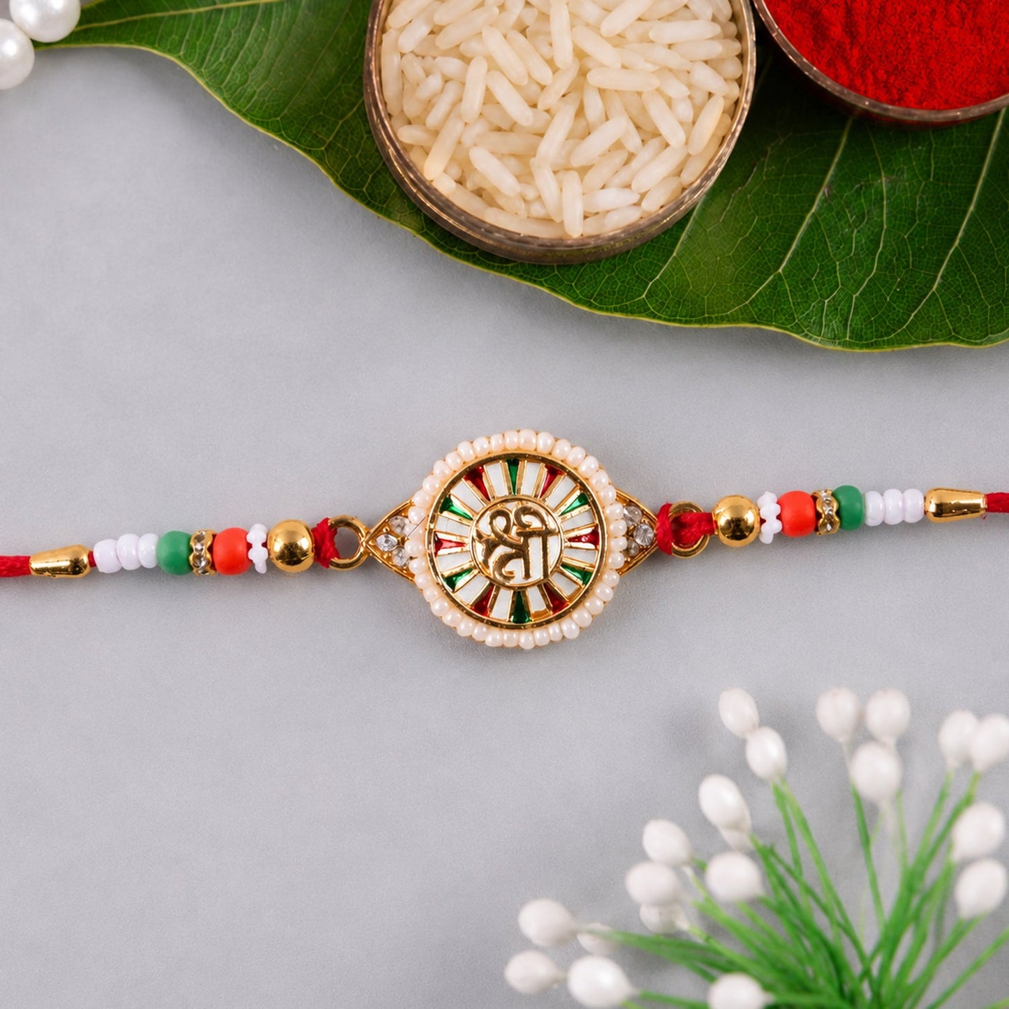 Round Shree Design Stone Traditional Designer Rakhi for Brother