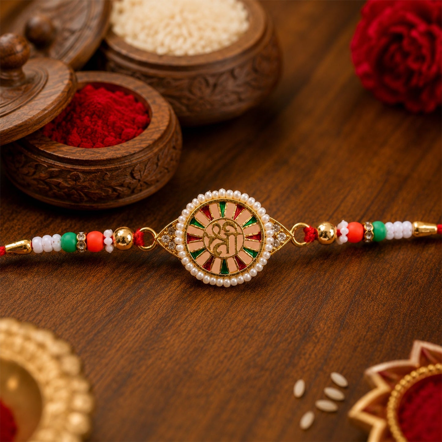 Round Shree Design Stone Traditional Designer Rakhi for Brother