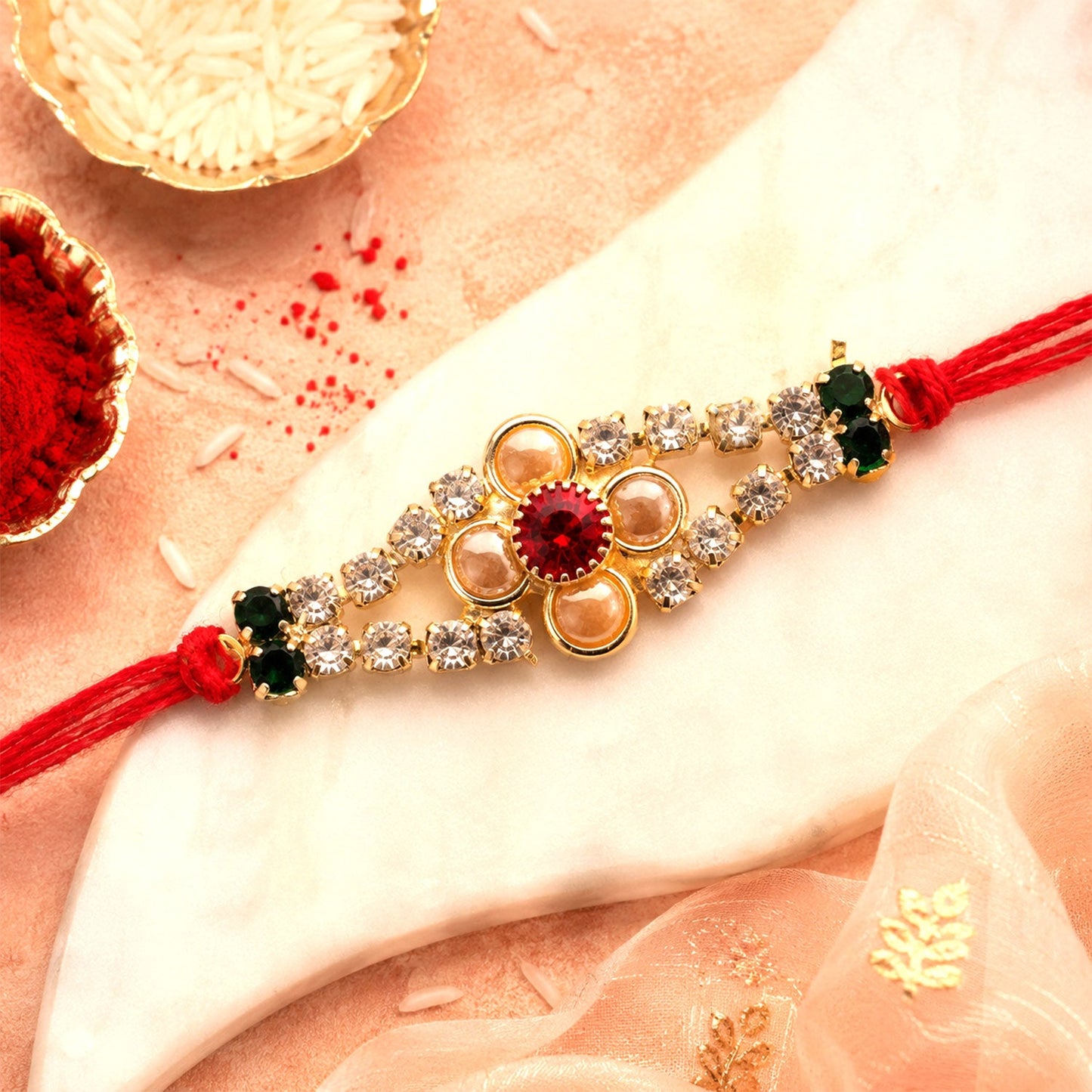 Floral Bar Stone Studded Premium Designer Traditional Rakhi for Brother