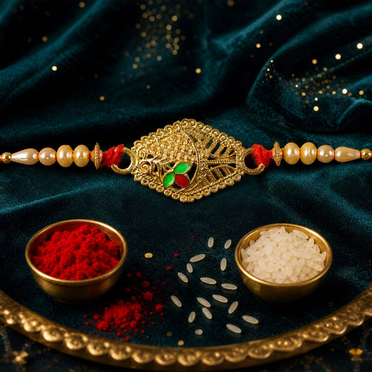 Leaf Motif Stone Studded Designer Premium Traditional Rakhi for Brother
