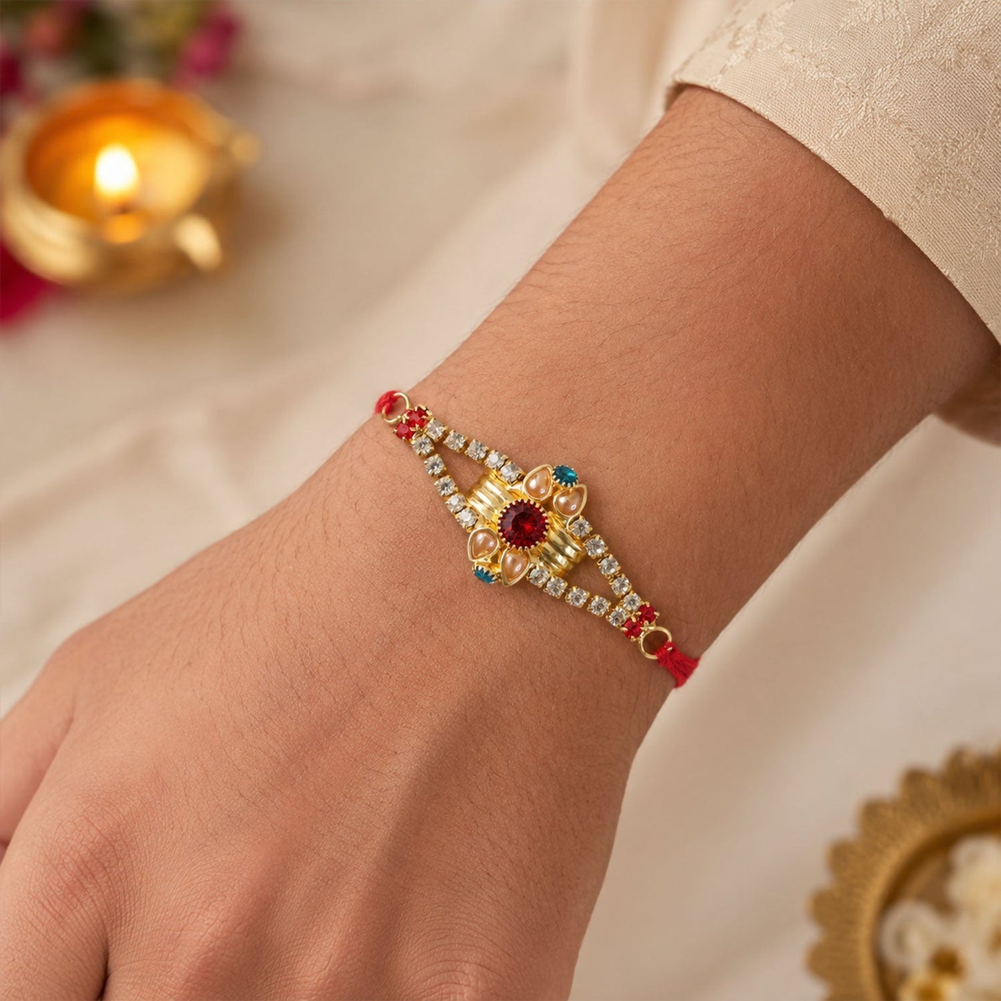 Diamond Center Stone Studded Premium Designer Rakhi for Brother