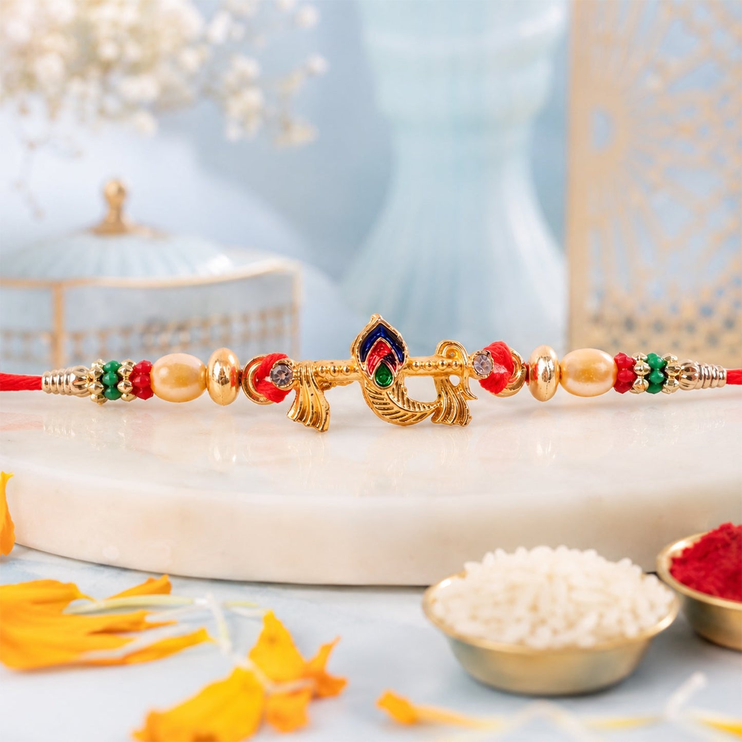 Divine Bansuri Mor Pankh Rakhi with Pearls & Beads Rakhi for Brother