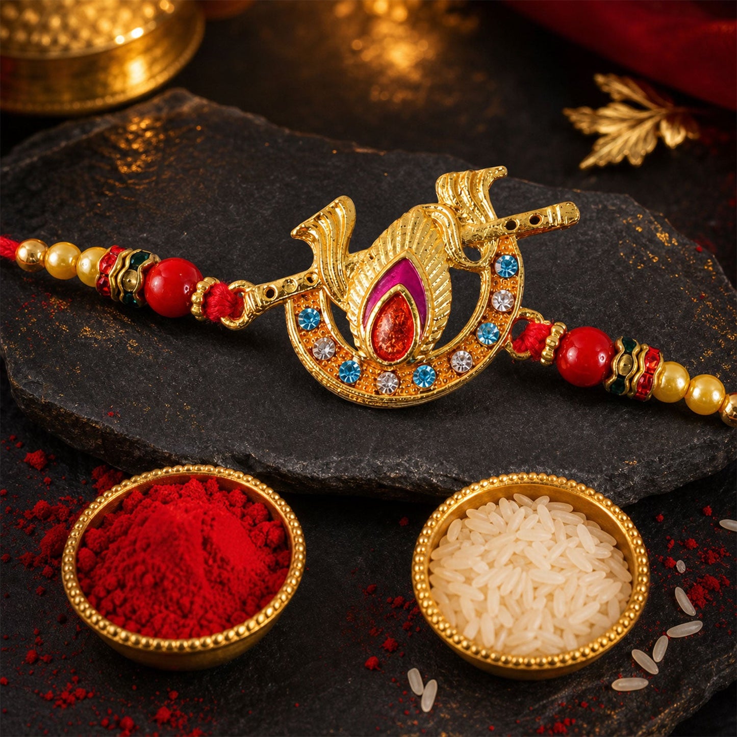 Peacock Motif Stone Studded Premium Designer Rakhi for Brother