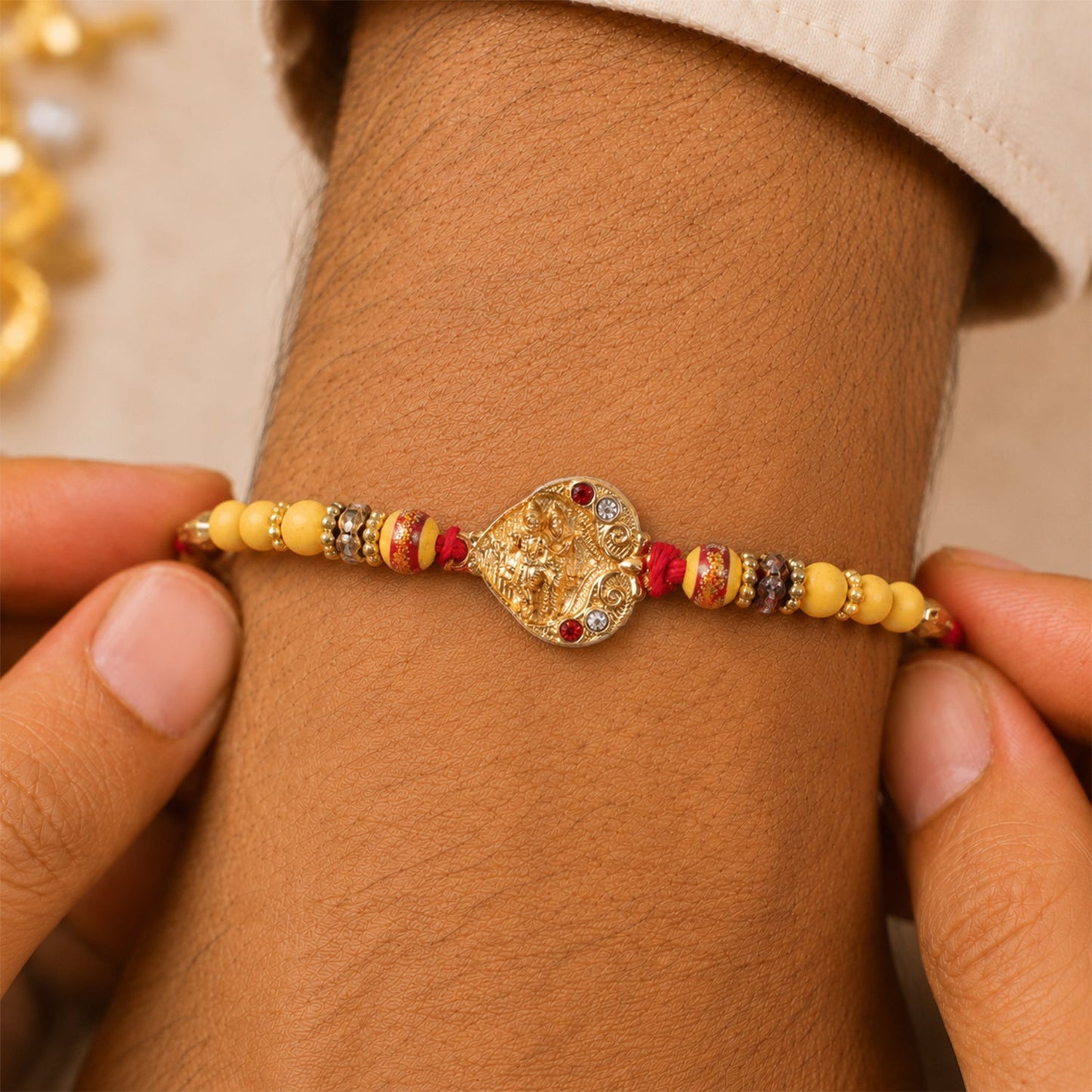 Religious Radha Krishna Rakhi with Crystal & Beads Rakhi for Brother
