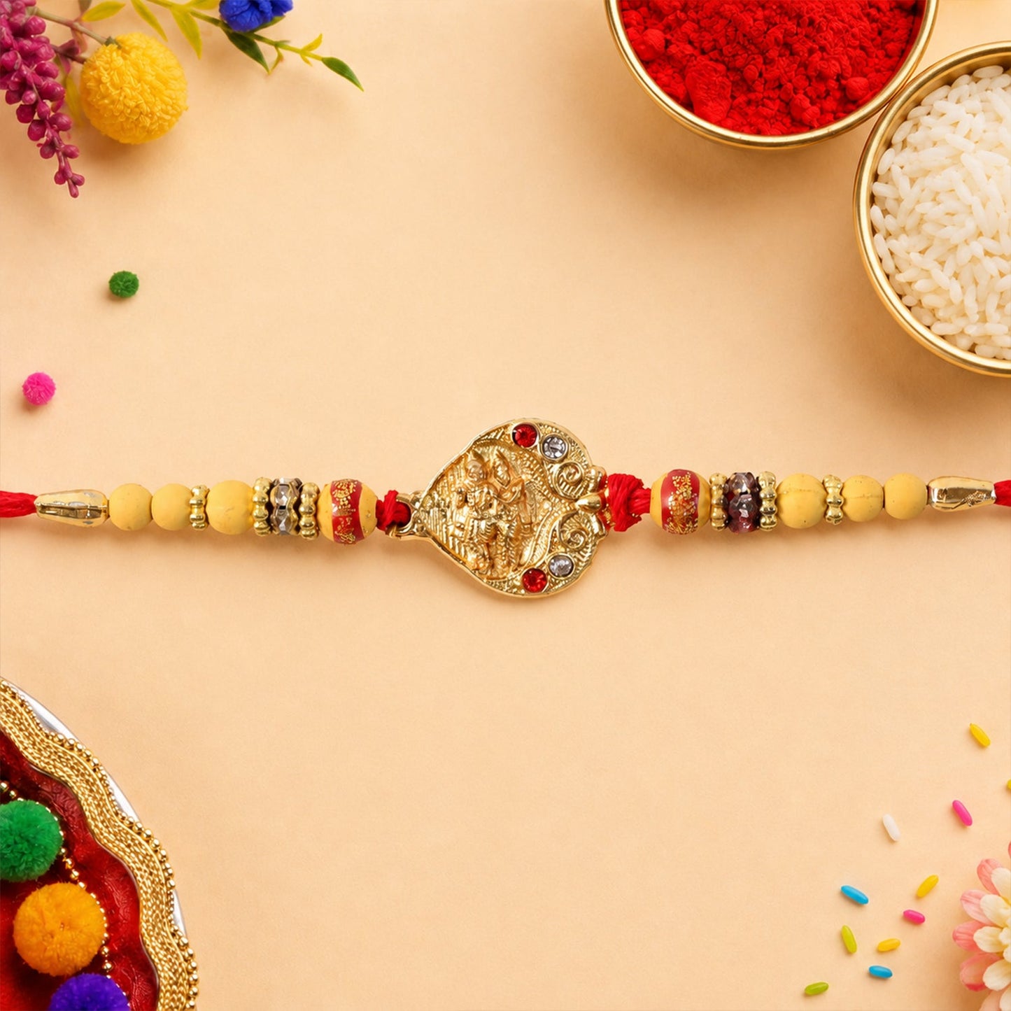 Religious Radha Krishna Rakhi with Crystal & Beads Rakhi for Brother