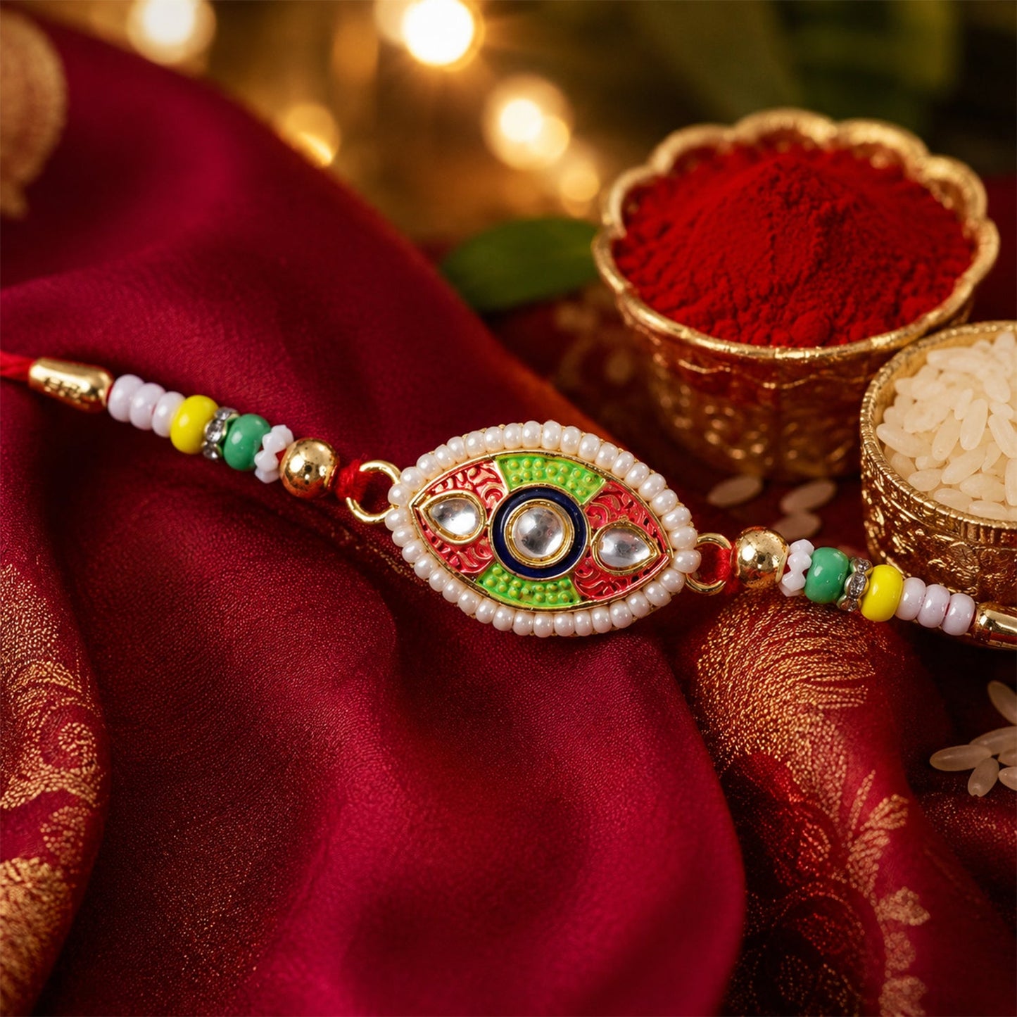 Designer Kundan Meenakari Rakhi with Pearl Border – Rakhi for Brother