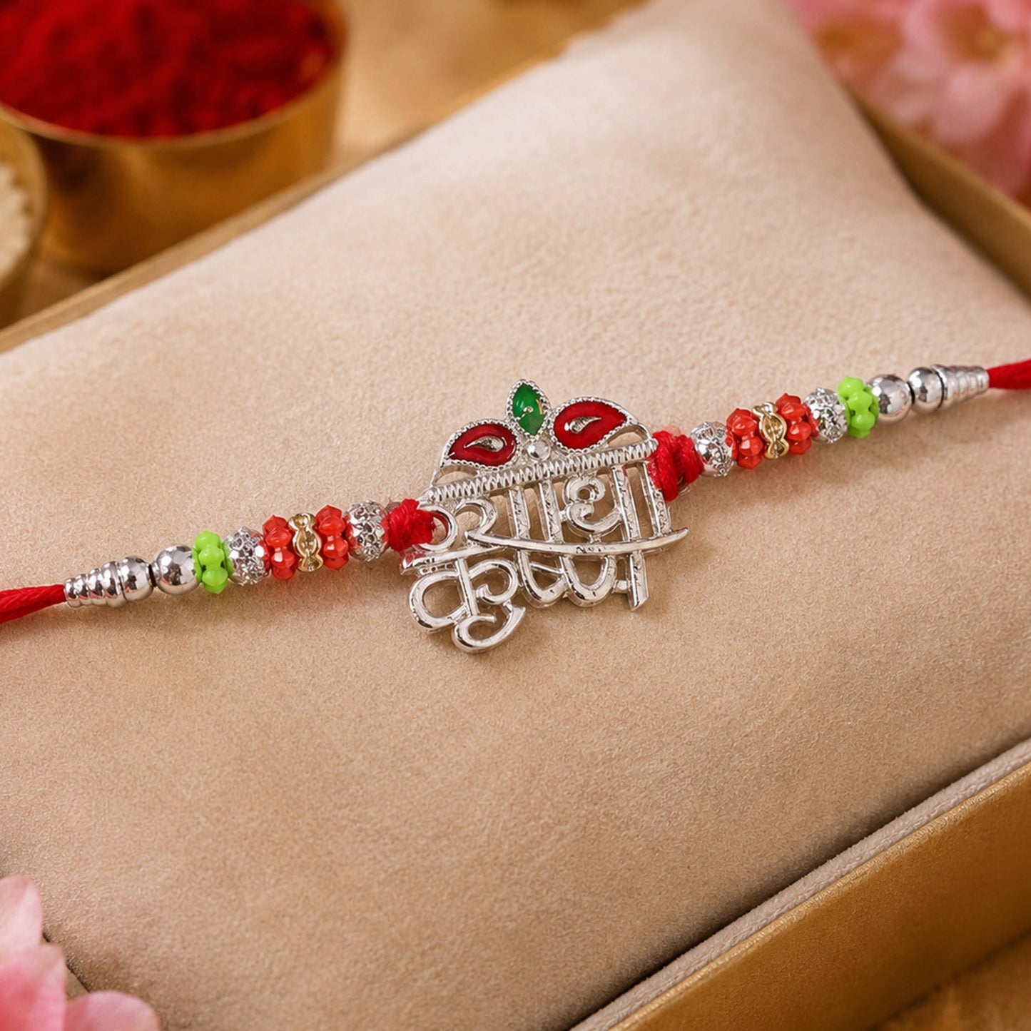 Radha Krishna Name Text Stone Studded Designer Rakhi for Brother