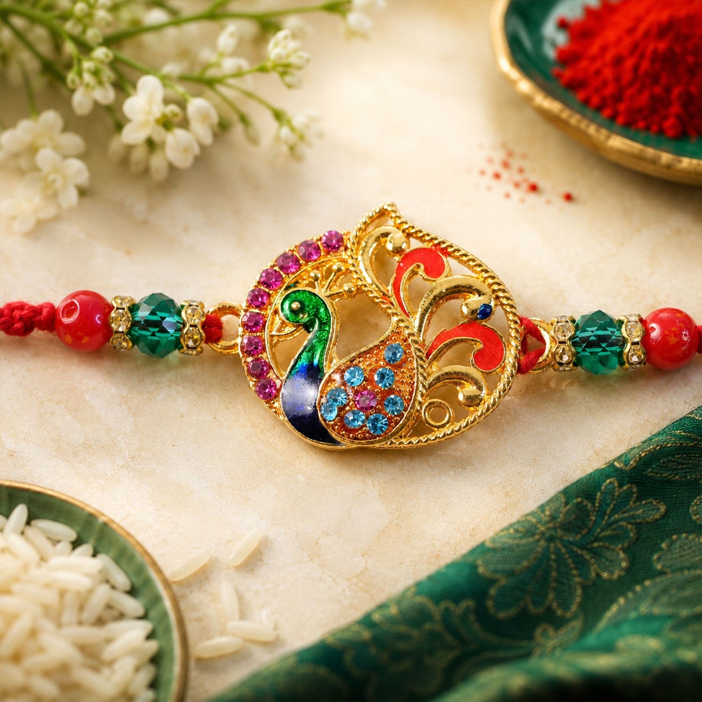 Peacock Paisley Stone Studded Premium Designer Rakhi for Brother