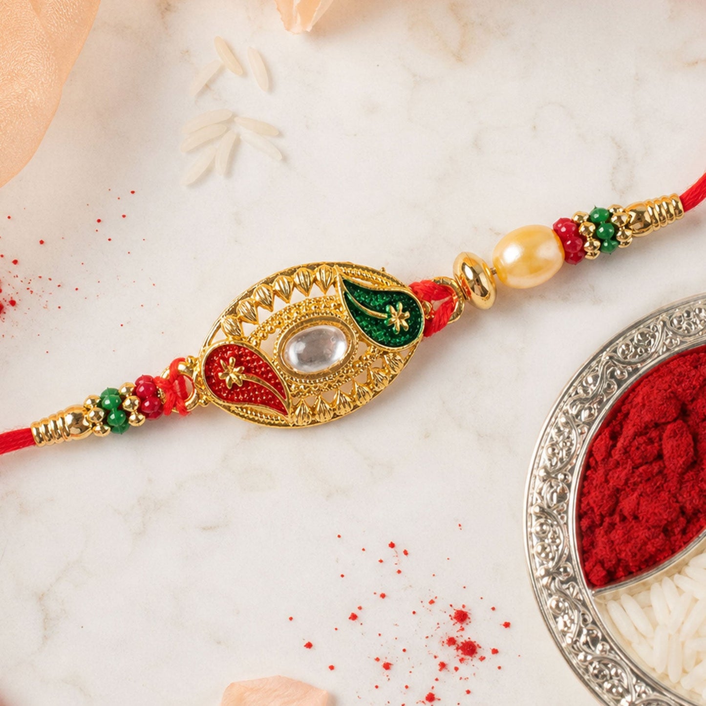 Elegant Kundan Stone Rakhi with Enamel & Beadwork Rakhi for Brother