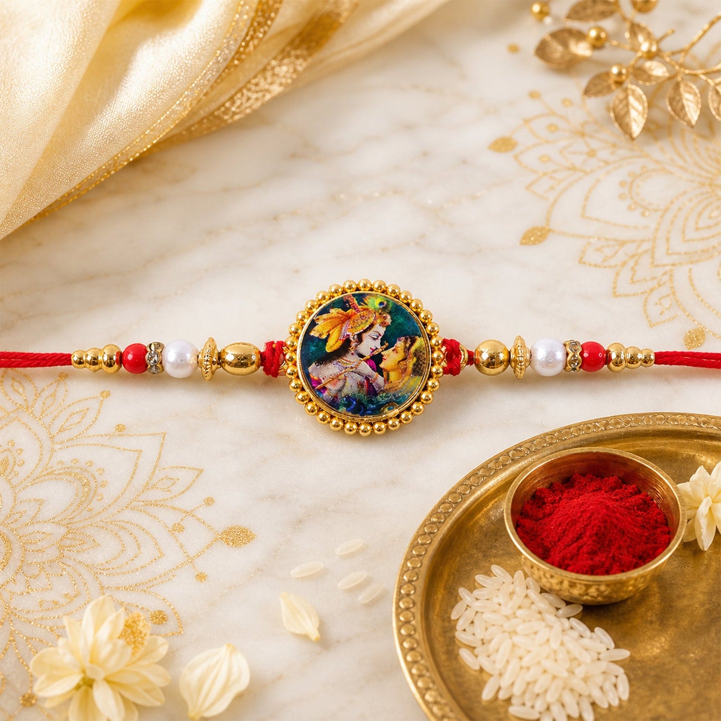 Radha Krishna Theme Round Beaded Designer Premium Traditional Rakhi for Brother