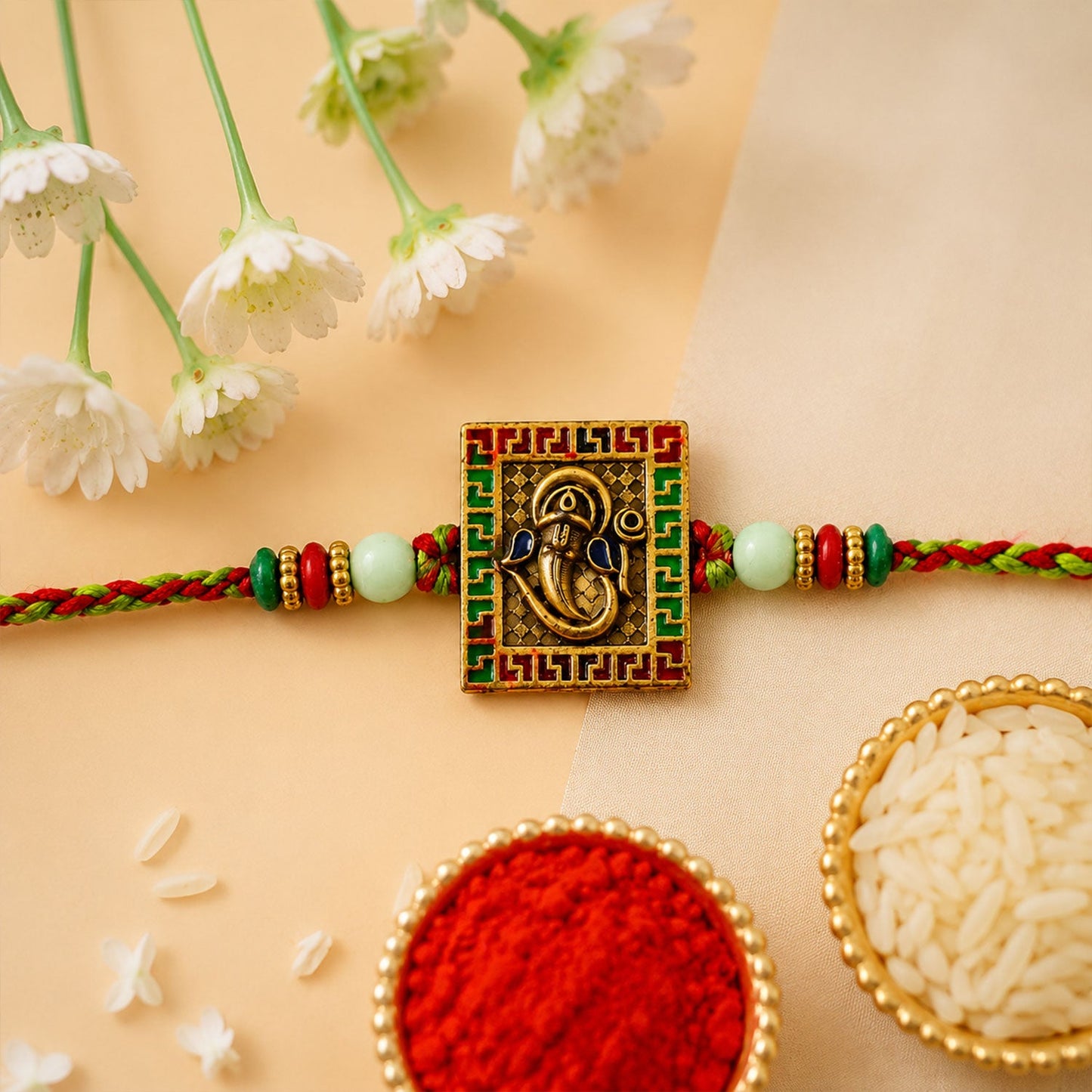 Ganesha Symbol Square Meenakari Designer Rakhi for Brother