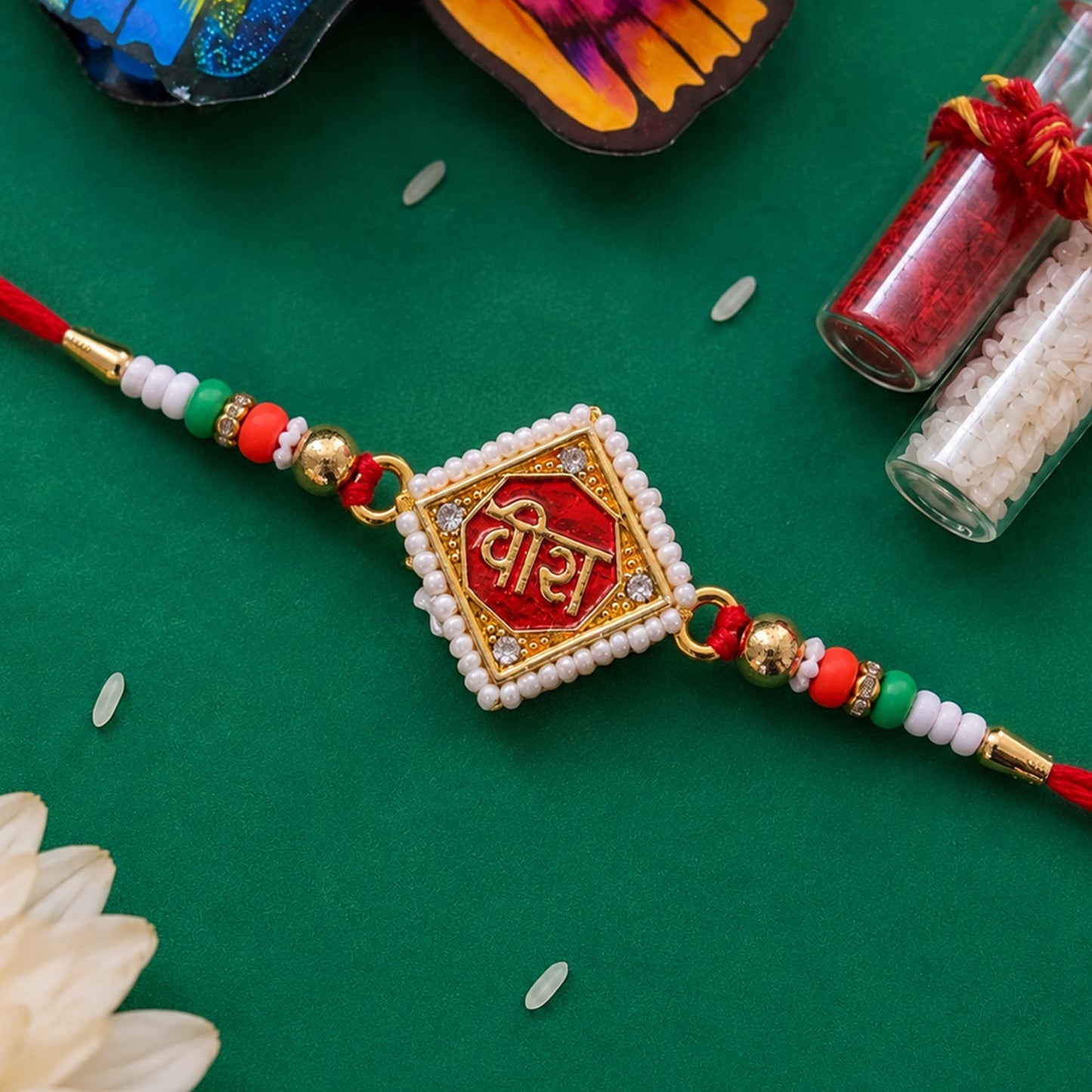 Veera Text Square Frame Premium Designer Beaded Rakhi for Brother