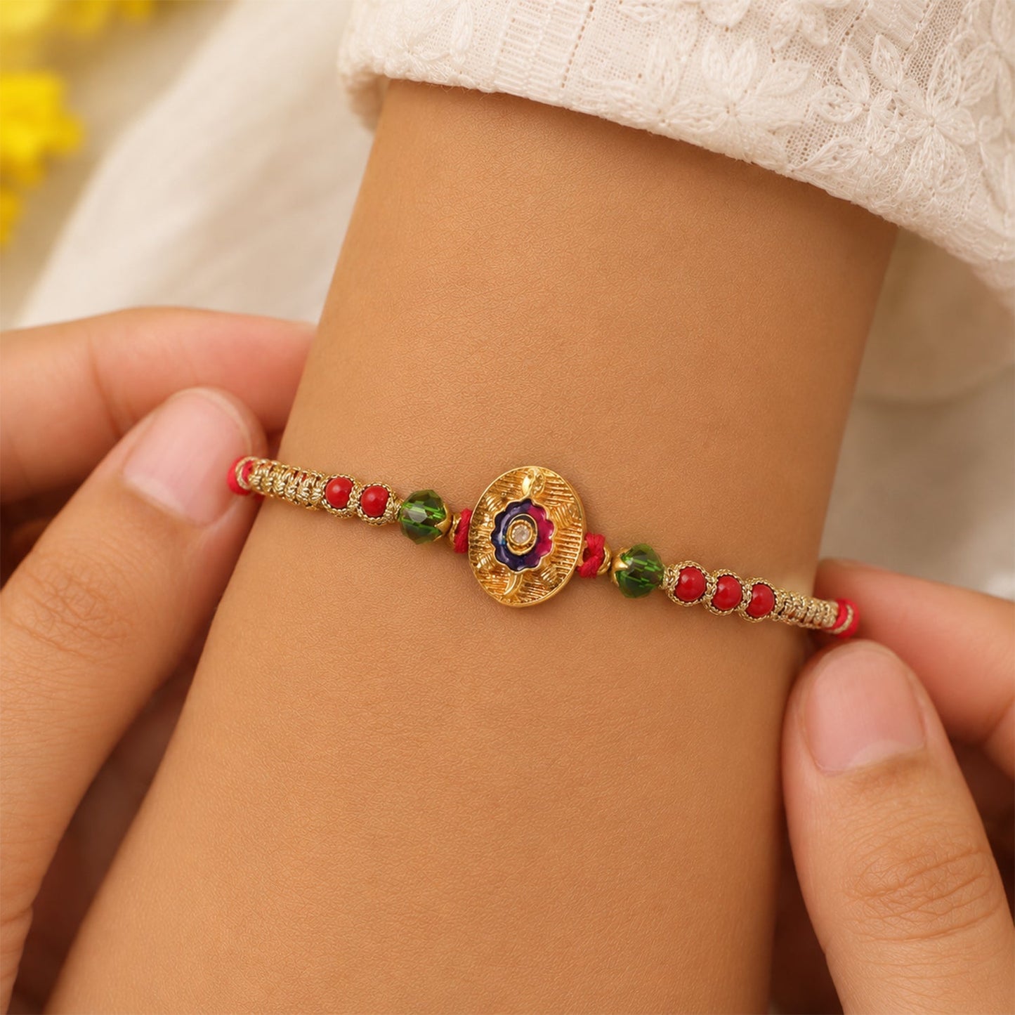 Auspicious Golden Turtle Rakhi with Meenakari & Beads Rakhi for Brother